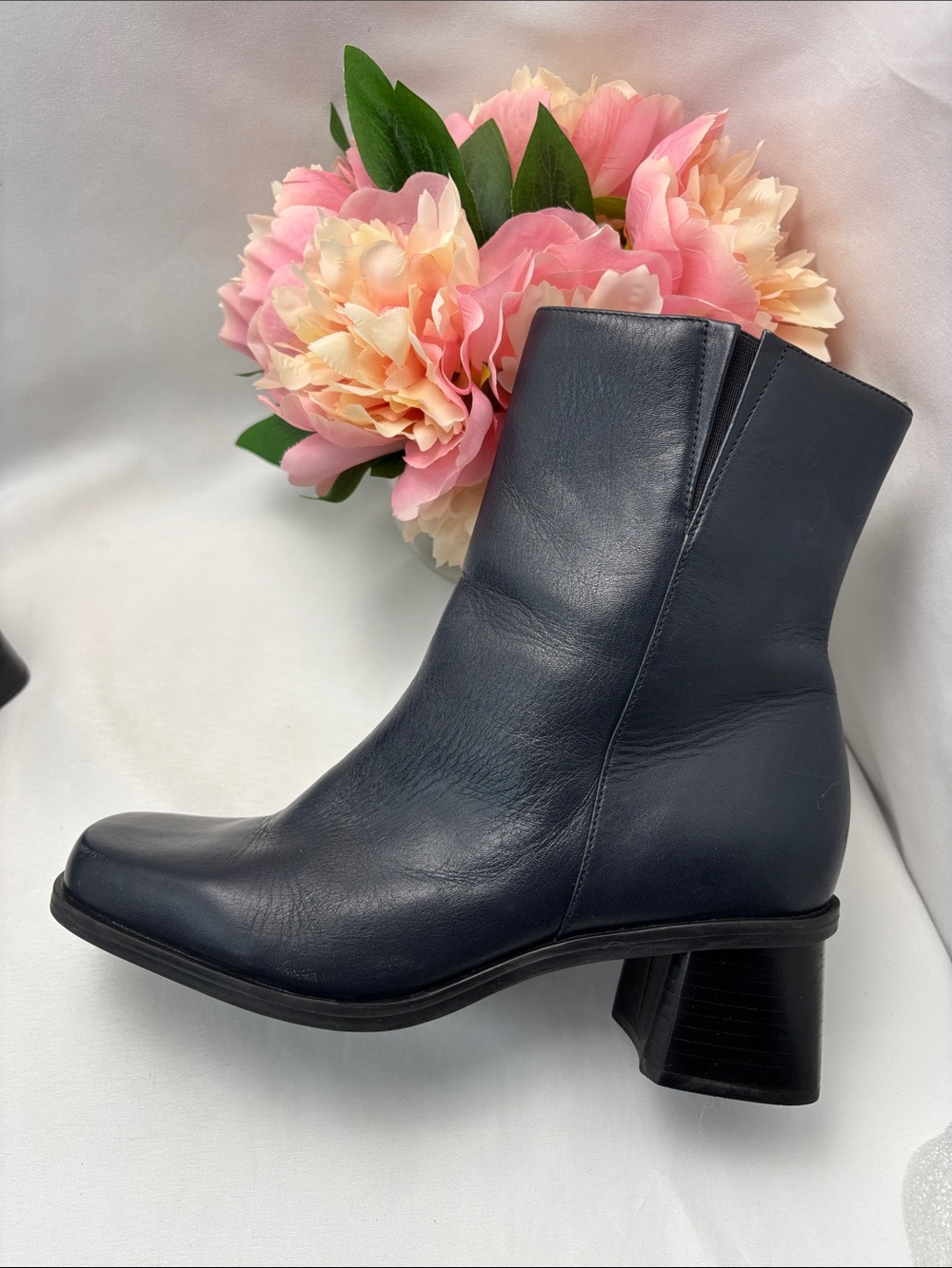 Naturalizer Women 6WW Navy Leather Block Heel Ankle Booties #426